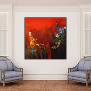 In-situ view of Dnyaneshwar Dhavale's 'Moutain Range 4 (The Red Abyss)' painting in a room