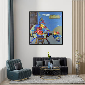 Preview of 'Move On (Inner Universe)' Painting by Rohan Koli shown on a wall in a furnished room.