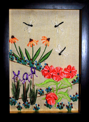 Mrf 2 (Framed Ribbon Flower Art II) by Mohna Paranjape, Original Cloth Nature Painting on Cloth, X-Small Vertical Wall Art
