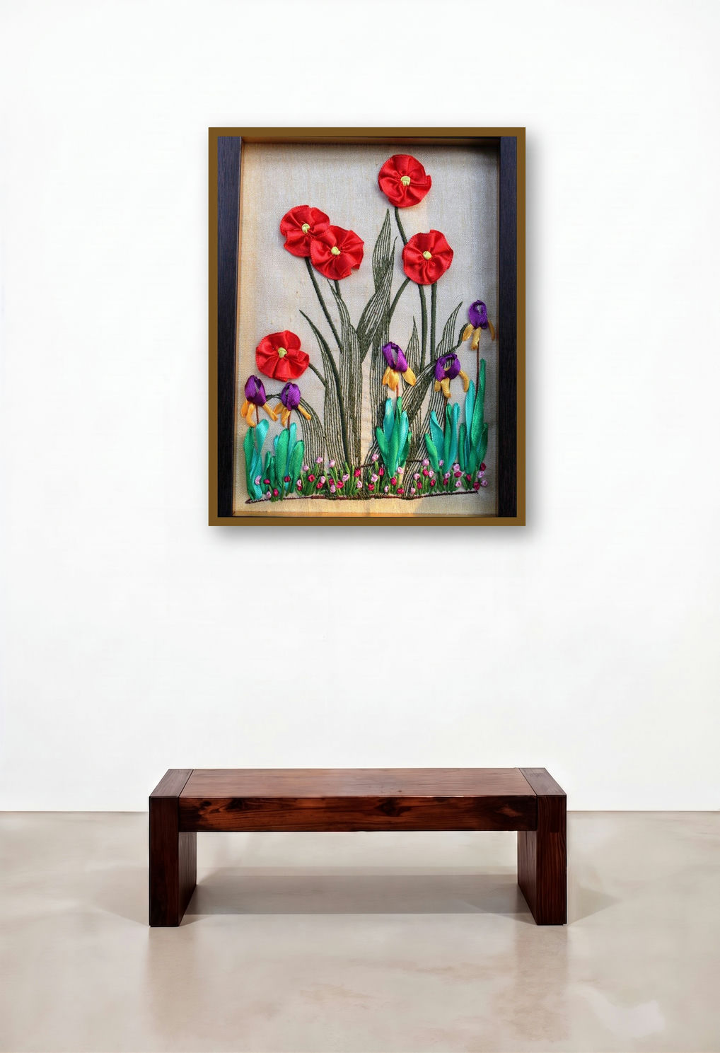 Mrf 3 (Framed Ribbon Poppies and Irises) by artist Mohna Paranjape displayed in a Classic Executive Office