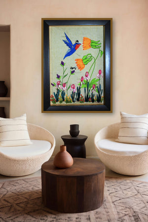 Mrf 4 (Framed Ribbon Bird and Flower) by artist Mohna Paranjape displayed in a Curated gallery