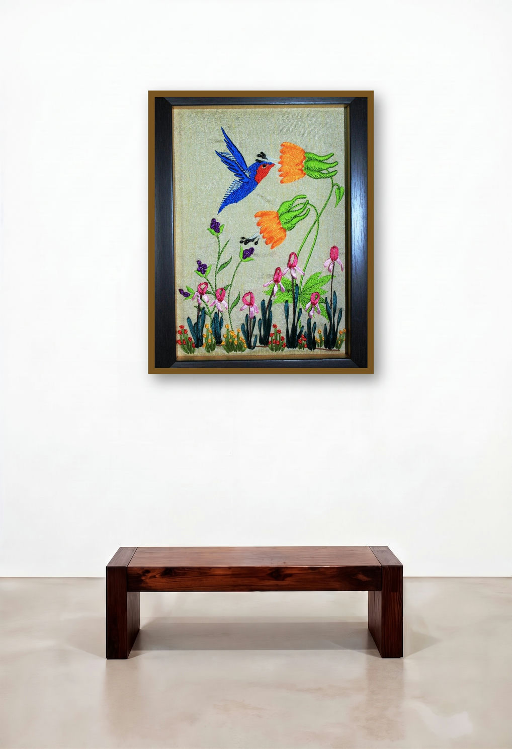 Mrf 4 (Framed Ribbon Bird and Flower) by artist Mohna Paranjape displayed in a Contemporary Luxury Hallway