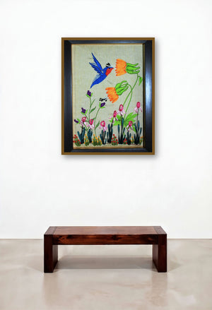 Mrf 4 (Framed Ribbon Bird and Flower) by artist Mohna Paranjape displayed in a Contemporary Luxury Hallway