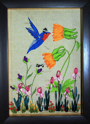 Mrf 4 (Framed Ribbon Bird and Flower) by Mohna Paranjape, Original Cloth Nature Painting on Cloth, X-Small Vertical Wall Art