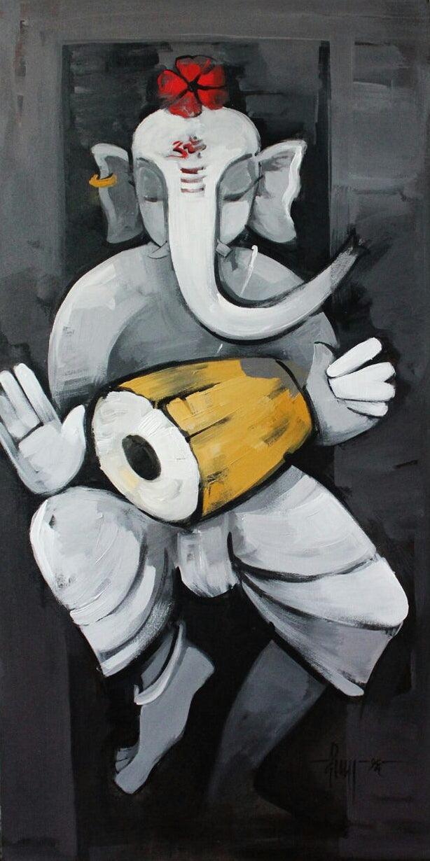 Religious acrylic painting titled 'Mrudunganesh', 48x24 inches, by artist Deepa Vedpathak on Canvas