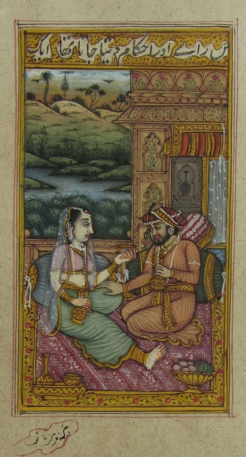Figurative mughal traditional art titled 'Mughal Love Scene At Palace', 5x3 inches, by artist Unknown on Paper