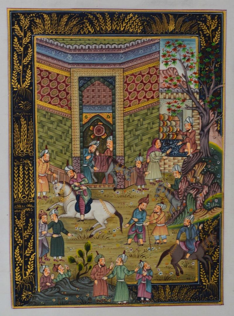 Figurative mughal traditional art titled 'Mughal Village Scene', 11x8 inches, by artist Unknown on Silk