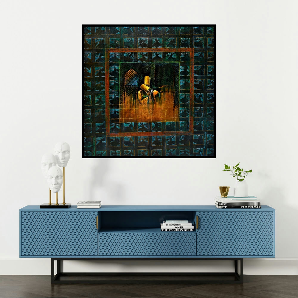 'Mulaqat (Solitude in the Labyrinth)' painting by Radhika Seksaria shown on a wall in a furnished room.