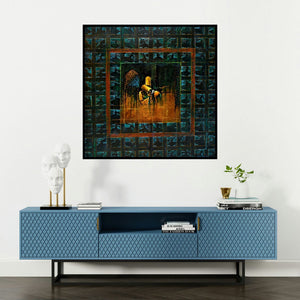 'Mulaqat (Solitude in the Labyrinth)' painting by Radhika Seksaria shown on a wall in a furnished room.