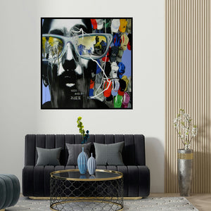 Manohar Rathod's 'Mumbai (Hide and Seek)' painting visualized above a sofa in a contemporary room.