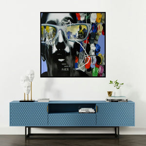 'Mumbai (Hide and Seek)' painting by Manohar Rathod shown on a wall in a furnished room.