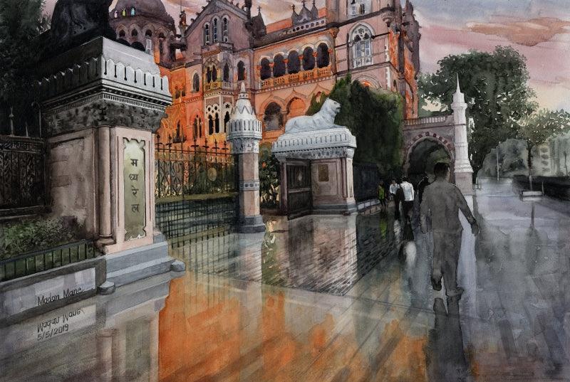 Cityscape watercolor painting titled 'Mumbai 9', 14x21 inches, by artist Madan Mane on Paper