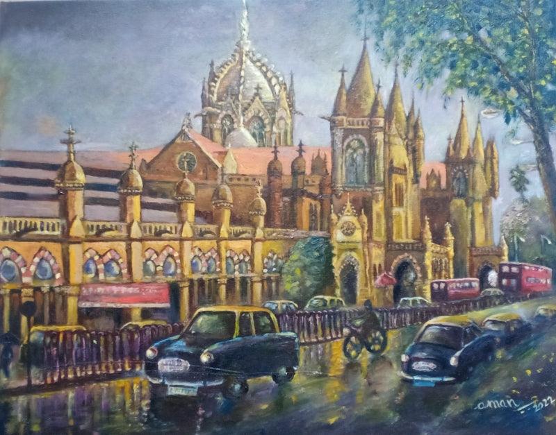 Cityscape oil painting titled 'Mumbai CSMT From Times Of India Building', 18x24 inches, by artist Aman A on Canvas