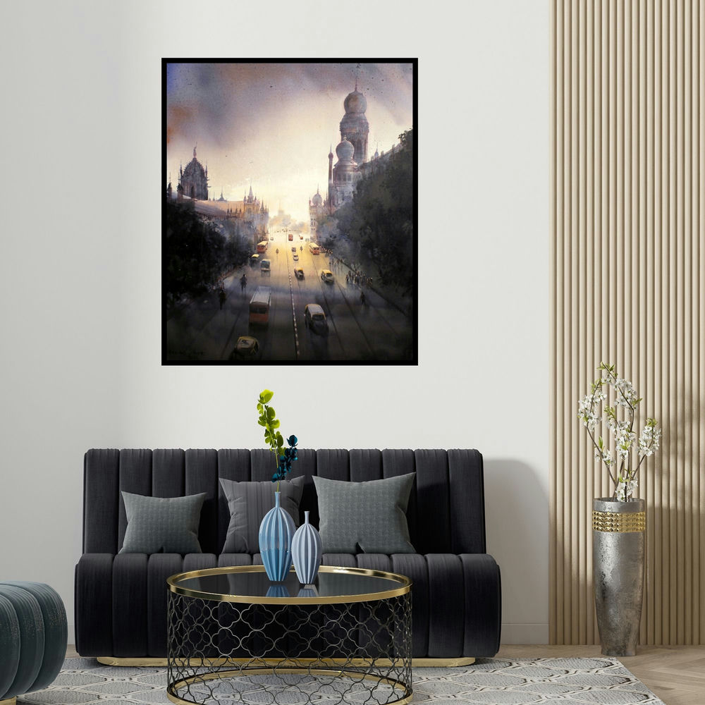 'Mumbai Forever' painting by Bhuwan Silhare shown on a wall in a furnished room.