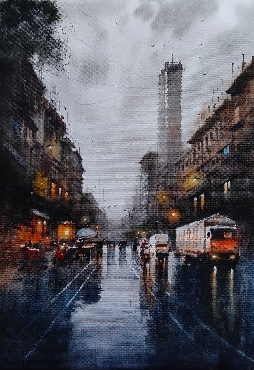 Cityscape watercolor painting titled 'Mumbai Rain', 20x14 inches, by artist NanaSaheb Yeole on Paper