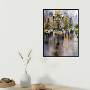 Sanjay Dhawale's 'Mumbai In Rain' painting visualized above a sofa in a contemporary room.