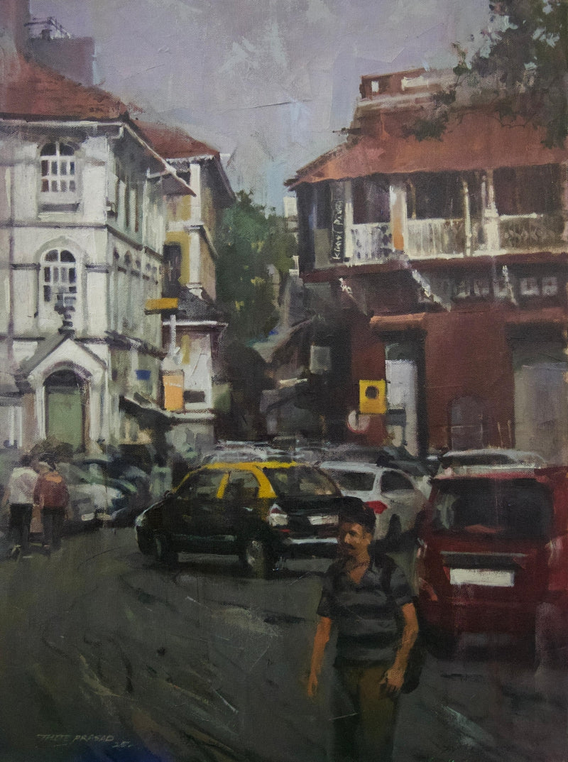 Mumbai Street' cityscape oil painting by artist Prasad Thite, 24x18 inch, on canvas