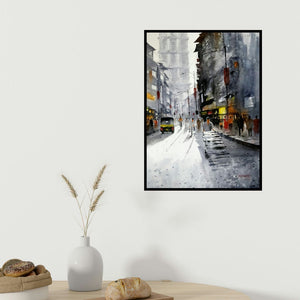 Sanjay Dhawale's 'Mumbai Street (Mumbai Street Life)' painting visualized above a sofa in a contemporary room.