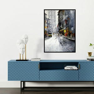 'Mumbai Street (Mumbai Street Life)' painting by Sanjay Dhawale shown on a wall in a furnished room.
