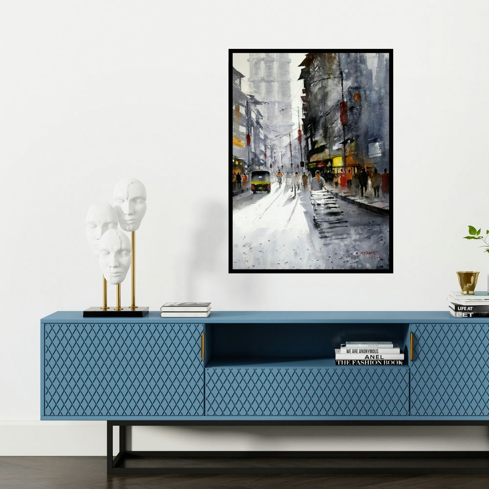 'Mumbai Street (Mumbai Street Life)' painting by Sanjay Dhawale shown on a wall in a furnished room.
