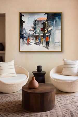 Mumbai Stret (Mumbai Street Scene) by artist Sanjay Dhawale displayed in a Minimalist gallery