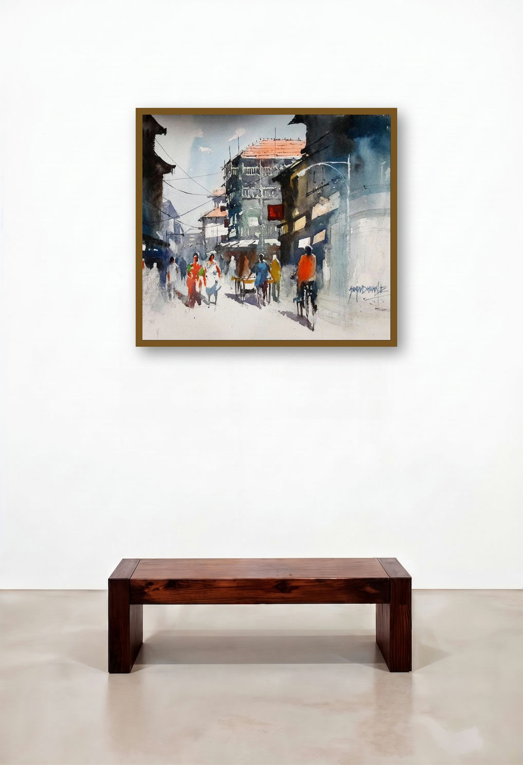 Mumbai Stret (Mumbai Street Scene) by artist Sanjay Dhawale displayed in a Elegant Hallway