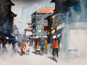 Mumbai Stret (Mumbai Street Scene) by Sanjay Dhawale, Original Watercolor Landscape Painting on Handmade Paper, X-Small Horizontal Wall Art
