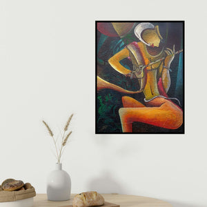 Anupam Pal's 'Muralidhar One Who Holds Th' painting visualized above a sofa in a contemporary room.