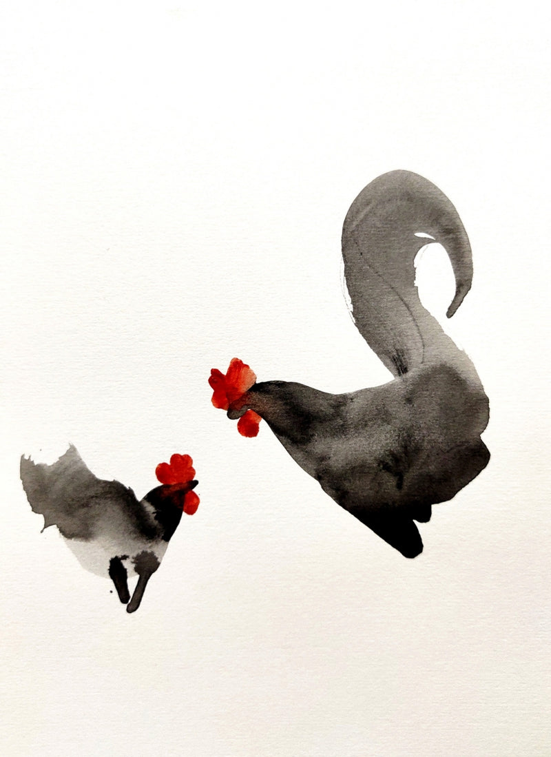 Murga Rooster 13' animals ink drawing by artist Ashok Hinge, 12x8 inch, on paper