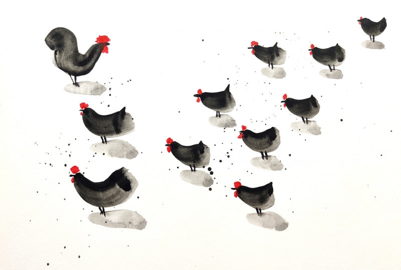 Murga Rooster And Chicken 1' animals ink drawing by artist Ashok Hinge, 8x12 inch, on paper