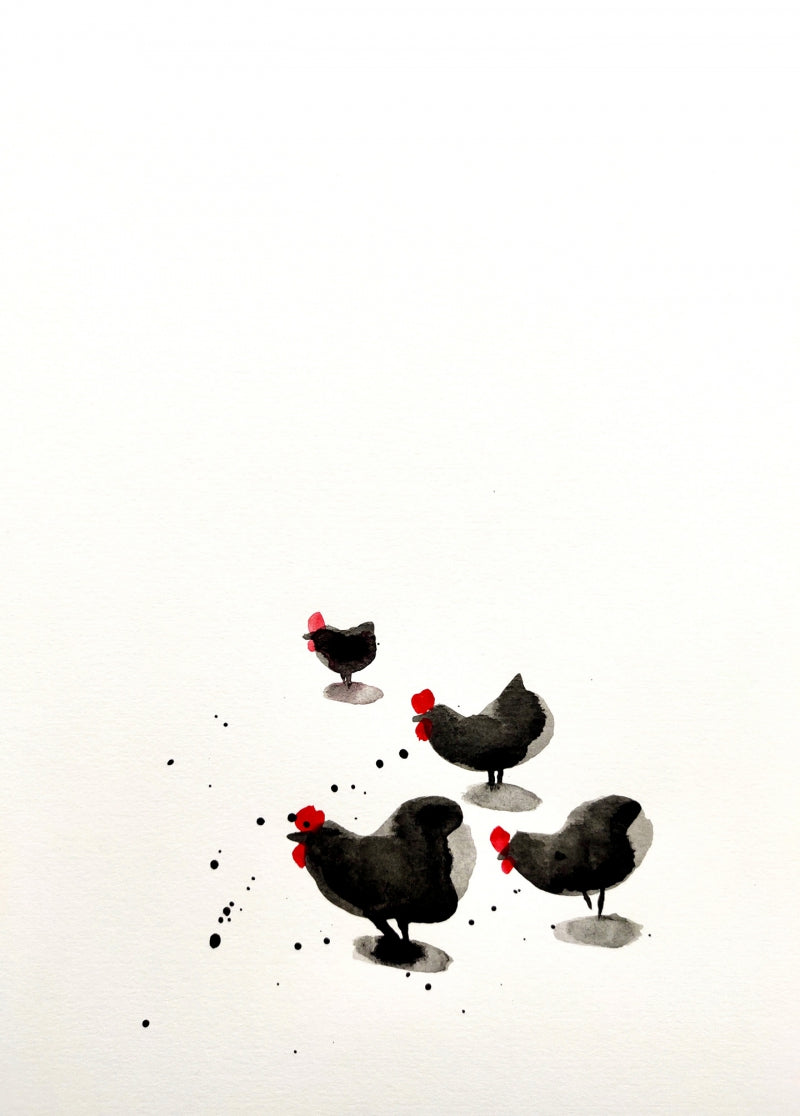 Murga Rooster And Chicken 3' animals ink drawing by artist Ashok Hinge, 8x12 inch, on paper