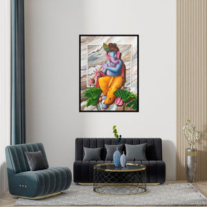 Preview of 'Murli Wala Ganesha (Lord Divine Melody)' Painting by Pradeep Kumar shown on a wall in a furnished room.