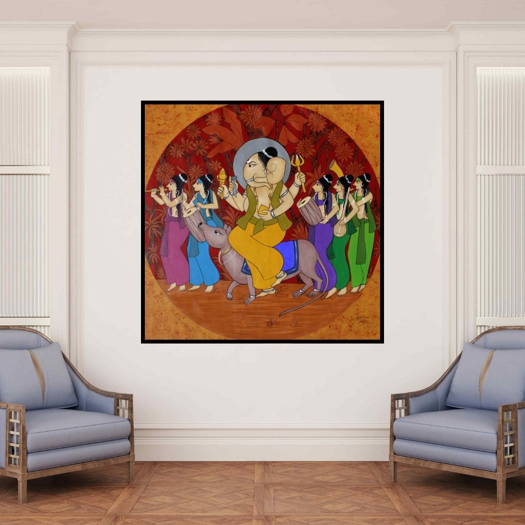 In-situ view of Chetan Katigar's 'Musak Savari (Ganesha's Grand Procession)' painting in a room