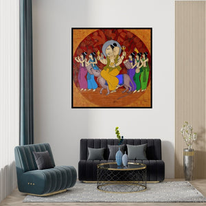 Preview of 'Musak Savari (Ganesha's Grand Procession)' Painting by Chetan Katigar shown on a wall in a furnished room.