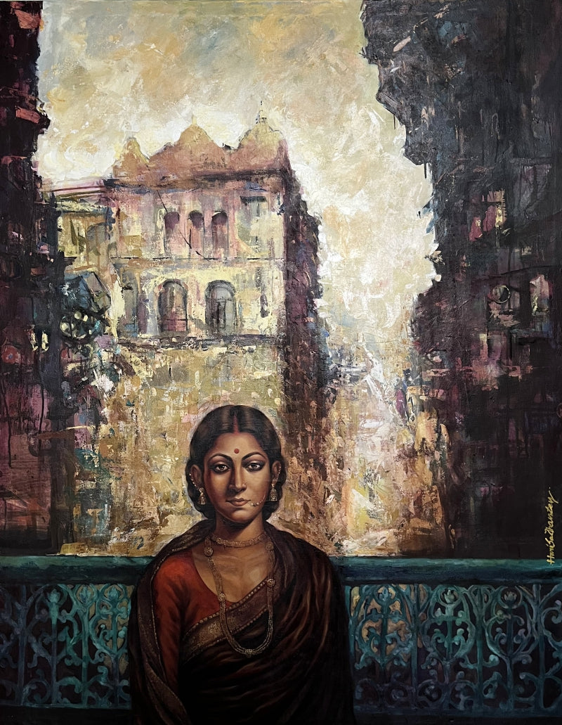 Muse With City Of Joy' figurative acrylic-oil painting by artist Harisadhan Dey, 55x43 inch, on canvas