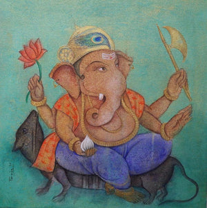 Religious acrylic painting titled 'Mushakraj', 15x15 inches, by artist Pooja Shelke on Canvas