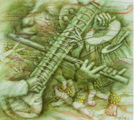 Music oil painting titled 'Music 1', 36x40 inches, by artist Darshan Sharma on Canvas