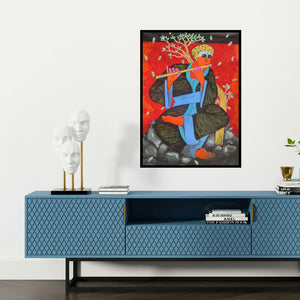 Preview of 'Music (Krishna's Melody)' Painting by Someshwar Patil shown on a wall in a furnished room.