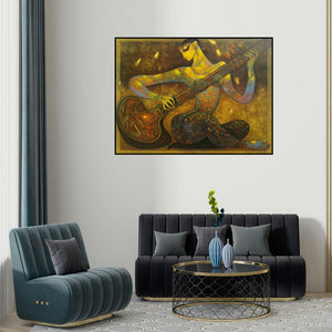 Ramesh Gujar's 'Music' painting visualized above a sofa in a contemporary room.