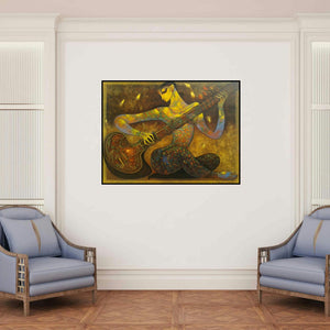 'Music' painting by Ramesh Gujar shown on a wall in a furnished room.