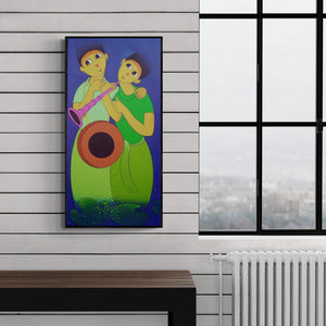 Preview of 'Music' Painting by Dnyaneshwar Bembade shown on a wall in a furnished room.