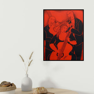 Mukesh's 'Music Company' painting visualized above a sofa in a contemporary room.