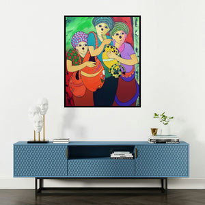 Dnyaneshwar Bembade's 'Music I (Earthen Treasures)' painting visualized above a sofa in a contemporary room.