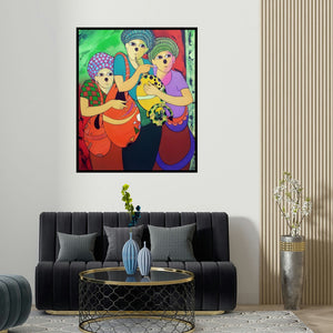'Music I (Earthen Treasures)' painting by Dnyaneshwar Bembade shown on a wall in a furnished room.