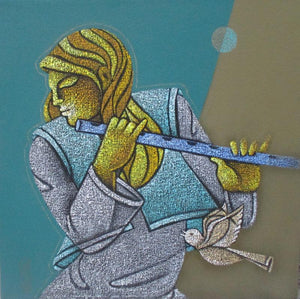 Music Ix (Enchanted Melodies) by Satyajeet Shinde, Original Acrylic Figurative Painting on Canvas, Small Square Wall Art