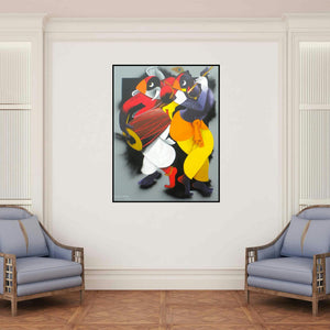 'Music Maker' painting by Uttam Manna shown on a wall in a furnished room.