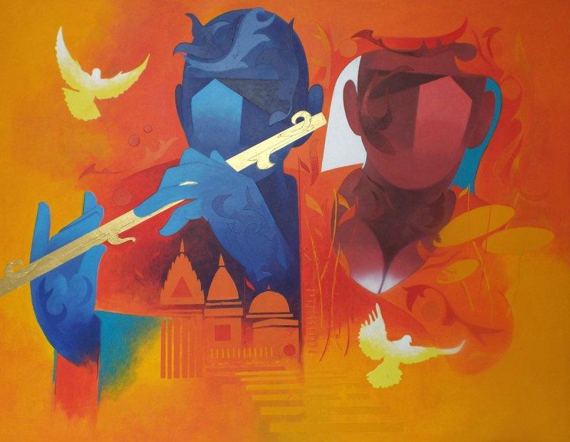 Figurative acrylic painting titled 'Music Of Banaras 1', 32x42 inches, by artist Ranjit Singh on Canvas