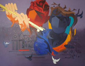 Music Of Banaras (The Flute of Divinity) by Ranjit Singh, Original Acrylic Figurative Painting on Canvas, Large Horizontal Wall Art