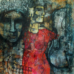 Music Of Silence 2 (Echoes of the Unspoken) by Rupchand Kundu, Original Acrylic Figurative Painting on Canvas, Medium Square Wall Art