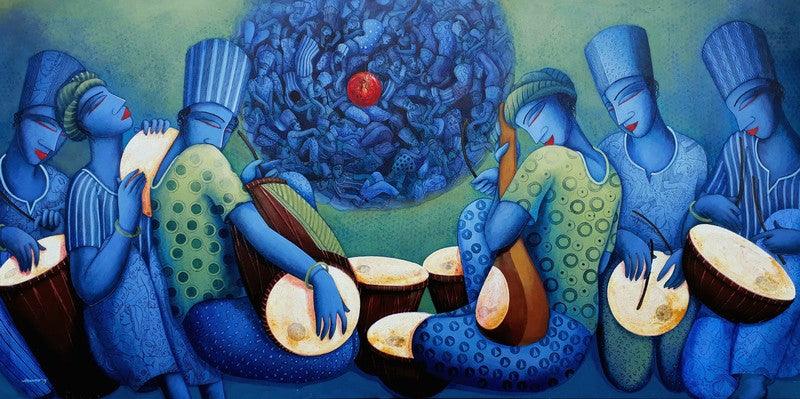 Figurative acrylic painting titled 'Music Series 3', 36x72 inches, by artist Samir Sarkar on Canvas